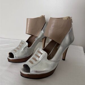 Metallic Silver & Taupe Open-Toe High Heels